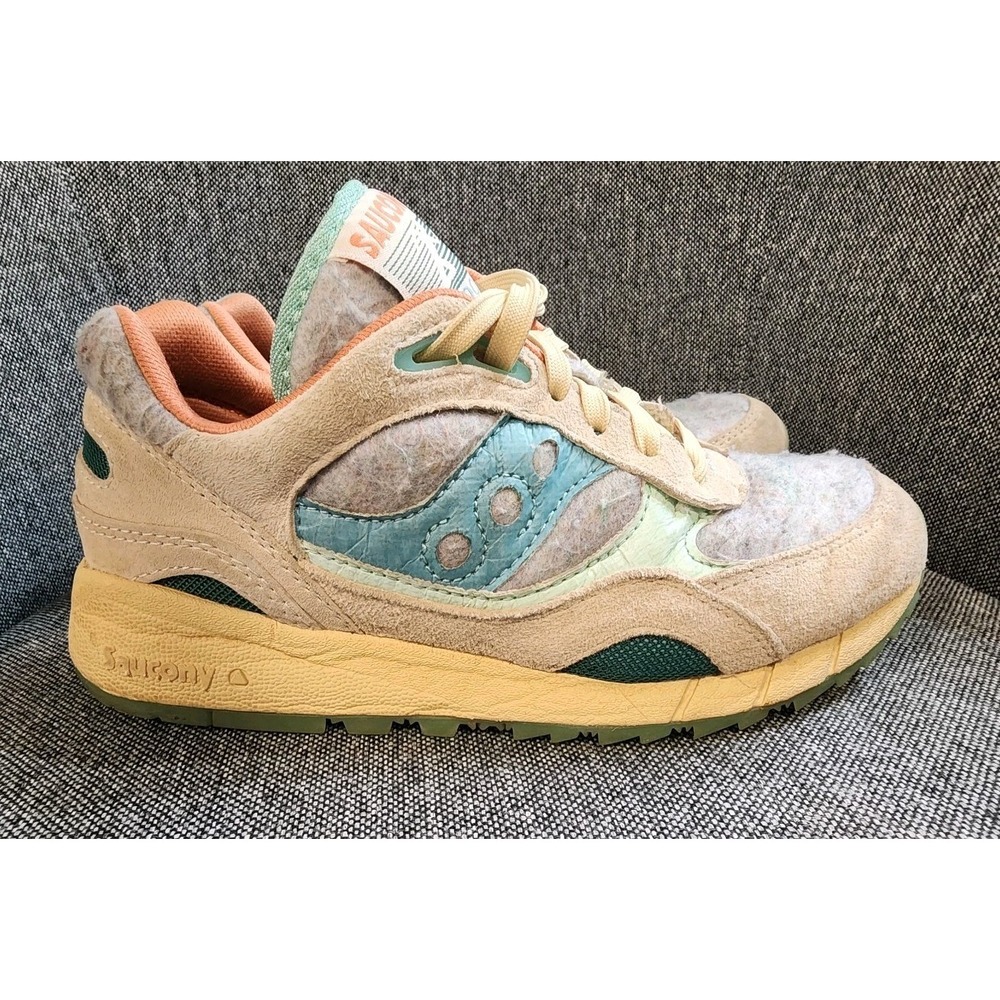 SAUCONY SHADOW 6000 FELT SNEAKERS MENS SIZE 6 WOMENS SIZE 7.5 TAN BLUE COMFORT